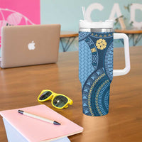 Bula Fiji Vintage Tumbler With Handle Prussian Blue Masi Motifs LT7 - Polynesian Pride