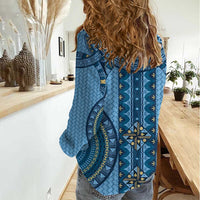 Bula Fiji Vintage Women Casual Shirt Prussian Blue Masi Motifs LT7 - Polynesian Pride