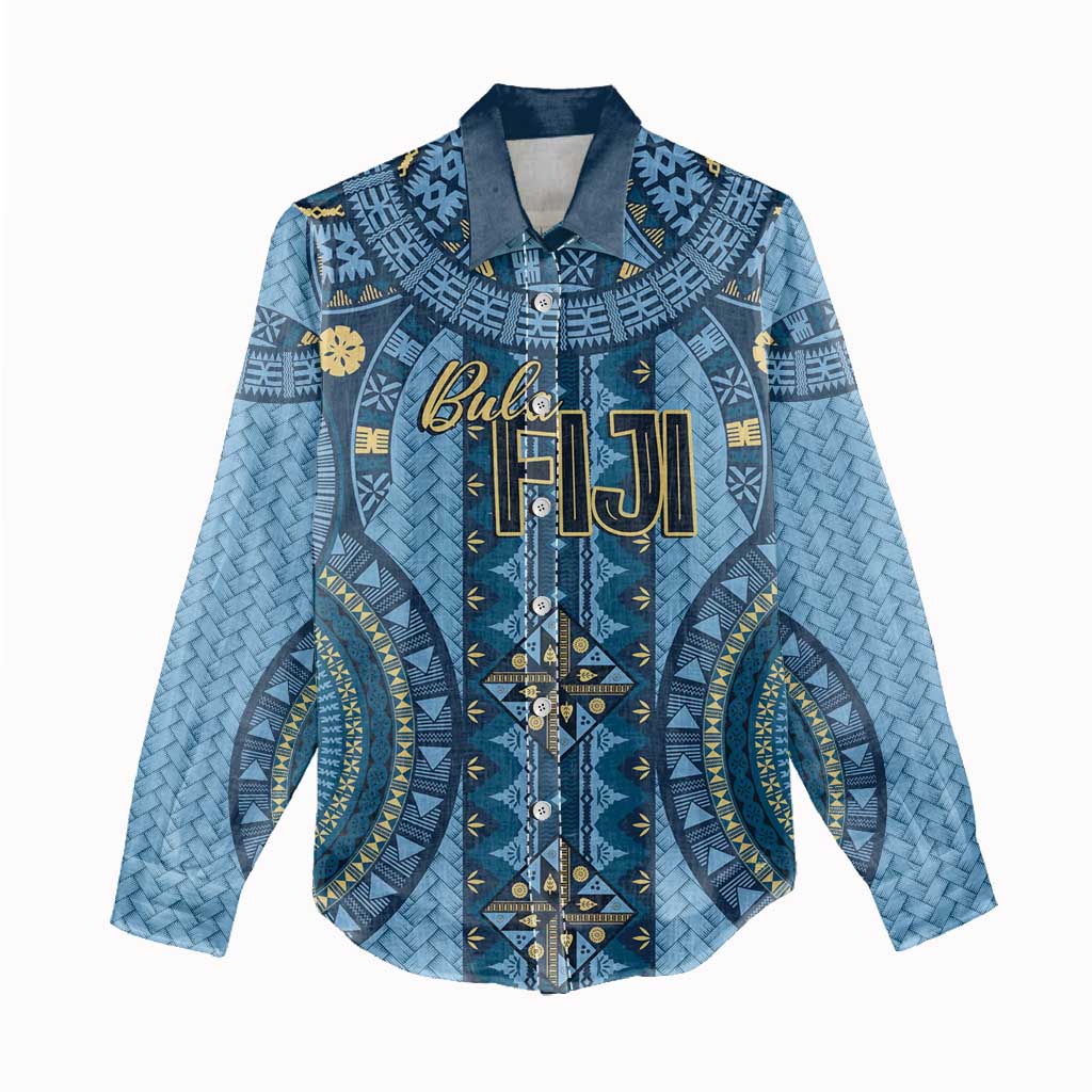 Bula Fiji Vintage Women Casual Shirt Prussian Blue Masi Motifs LT7 - Polynesian Pride