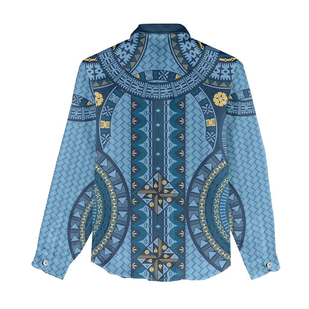 Bula Fiji Vintage Women Casual Shirt Prussian Blue Masi Motifs LT7 - Polynesian Pride
