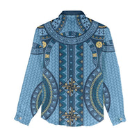 Bula Fiji Vintage Women Casual Shirt Prussian Blue Masi Motifs LT7 - Polynesian Pride