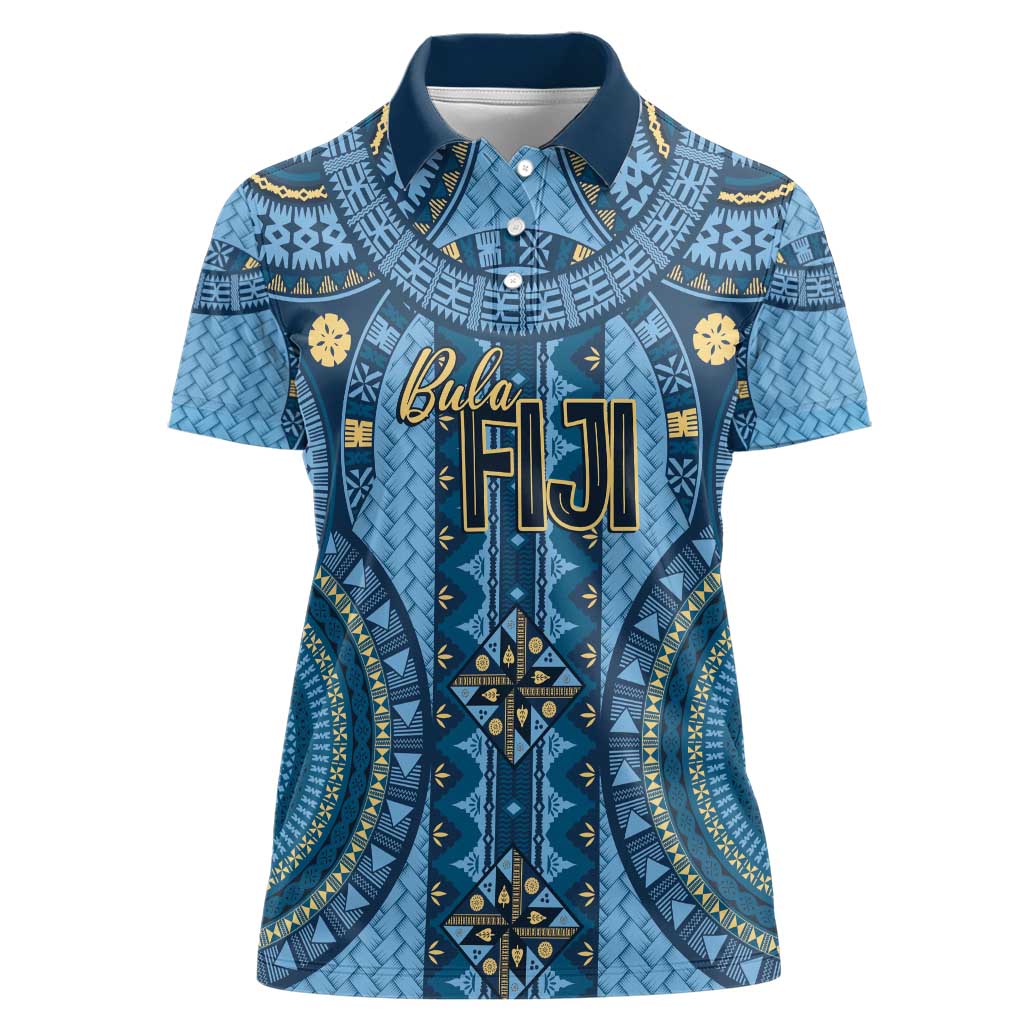 Bula Fiji Vintage Women Polo Shirt Prussian Blue Masi Motifs