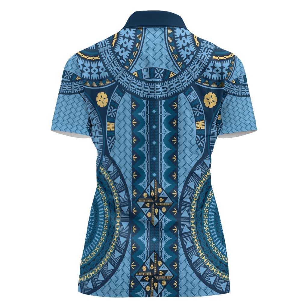 Bula Fiji Vintage Women Polo Shirt Prussian Blue Masi Motifs