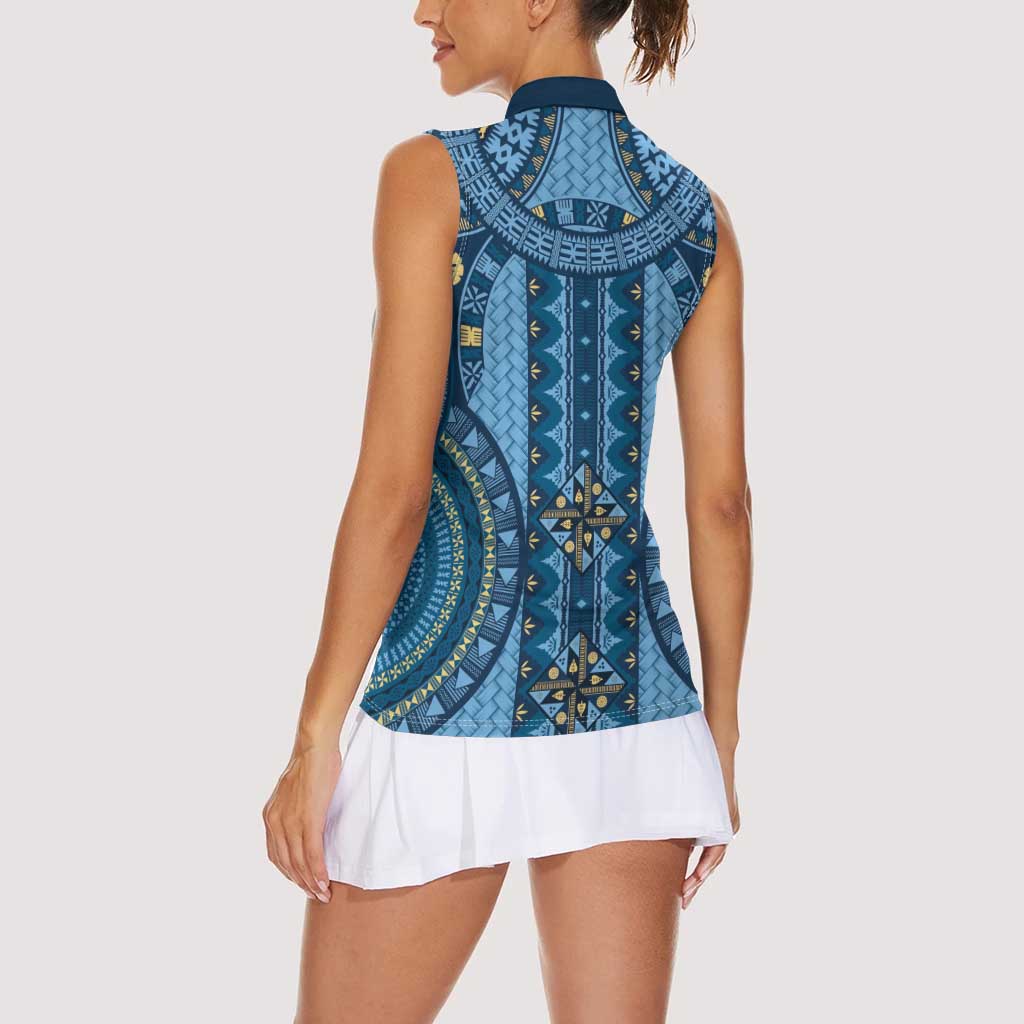 Bula Fiji Vintage Women Sleeveless Polo Shirt Prussian Blue Masi Motifs