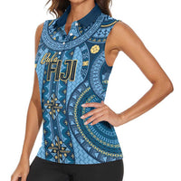 Bula Fiji Vintage Women Sleeveless Polo Shirt Prussian Blue Masi Motifs
