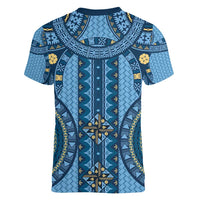 Bula Fiji Vintage Women V-Neck T-Shirt Prussian Blue Masi Motifs