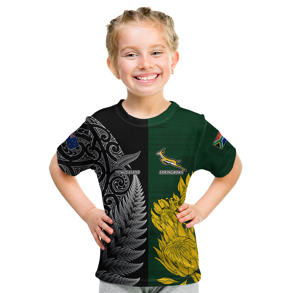 Personalised New Zealand Mix South Africa Rugby Kid T Shirt Protea Vs. Silver Ferns LT7 Art - Polynesian Pride