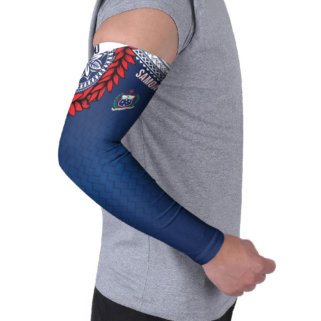Manu Samoa Rugby Custom Navy Blue Arm Sleeves ʻIe Toga Pattern With Red Ula fala LT7 - Polynesian Pride