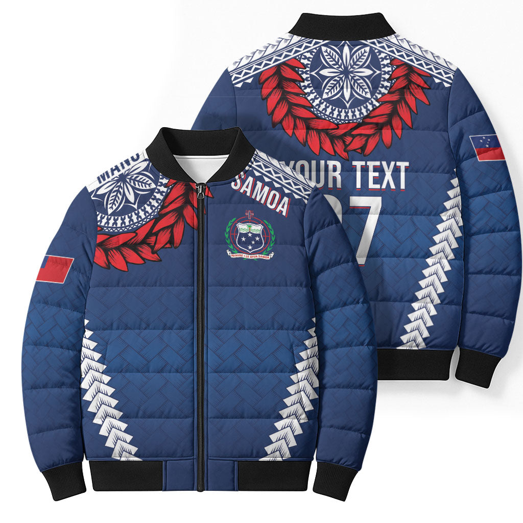 Manu Samoa Rugby Custom Navy Blue Bomber Puffer Jacket ʻIe Toga Pattern With Red Ula fala LT7 - Polynesian Pride