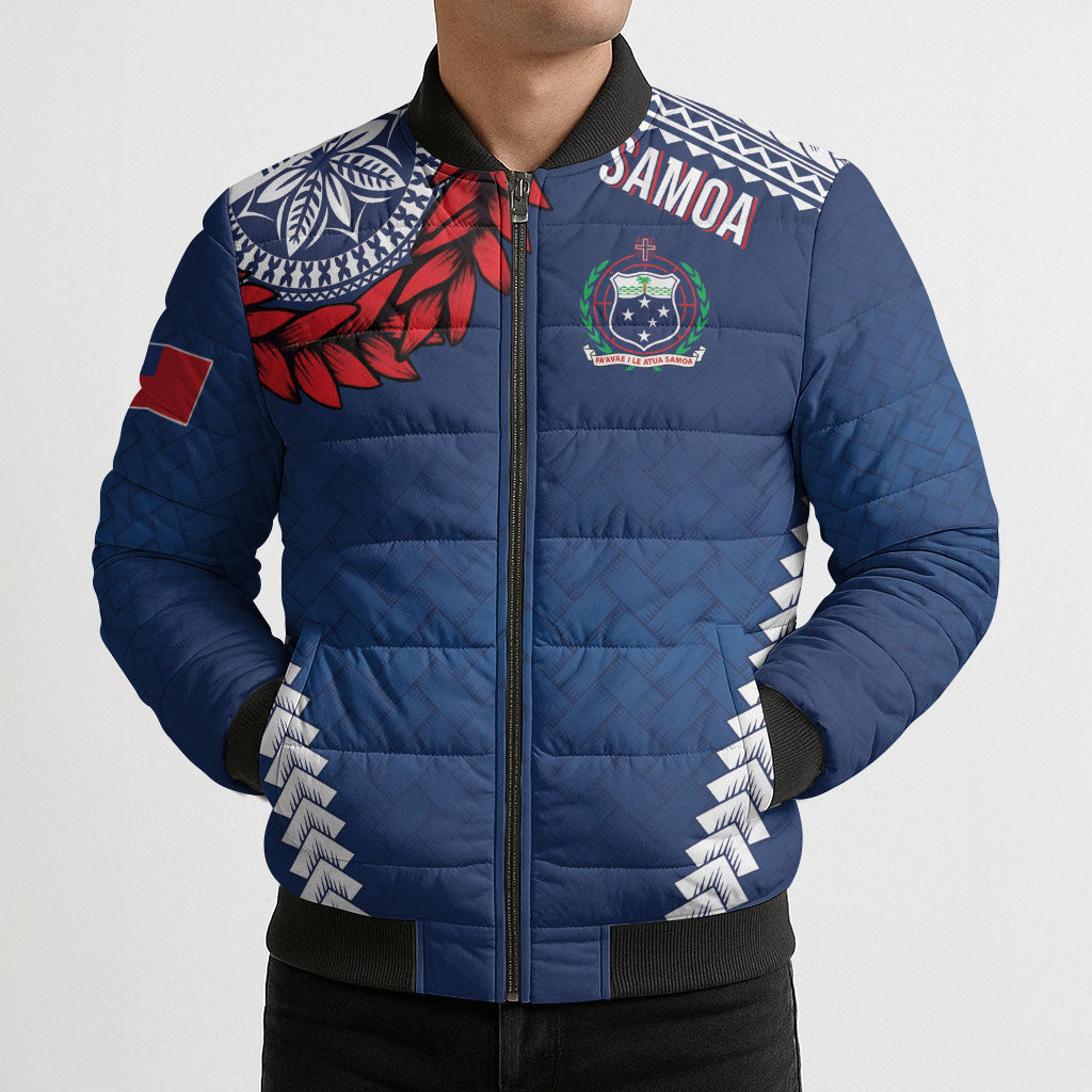 Manu Samoa Rugby Custom Navy Blue Bomber Puffer Jacket ʻIe Toga Pattern With Red Ula fala LT7 - Polynesian Pride