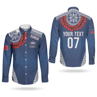 Manu Samoa Rugby Custom Navy Blue Couples Matching Mermaid Dress and Long Sleeve Button Shirt ʻIe Toga Pattern With Red Ula fala LT7 - Polynesian Pride