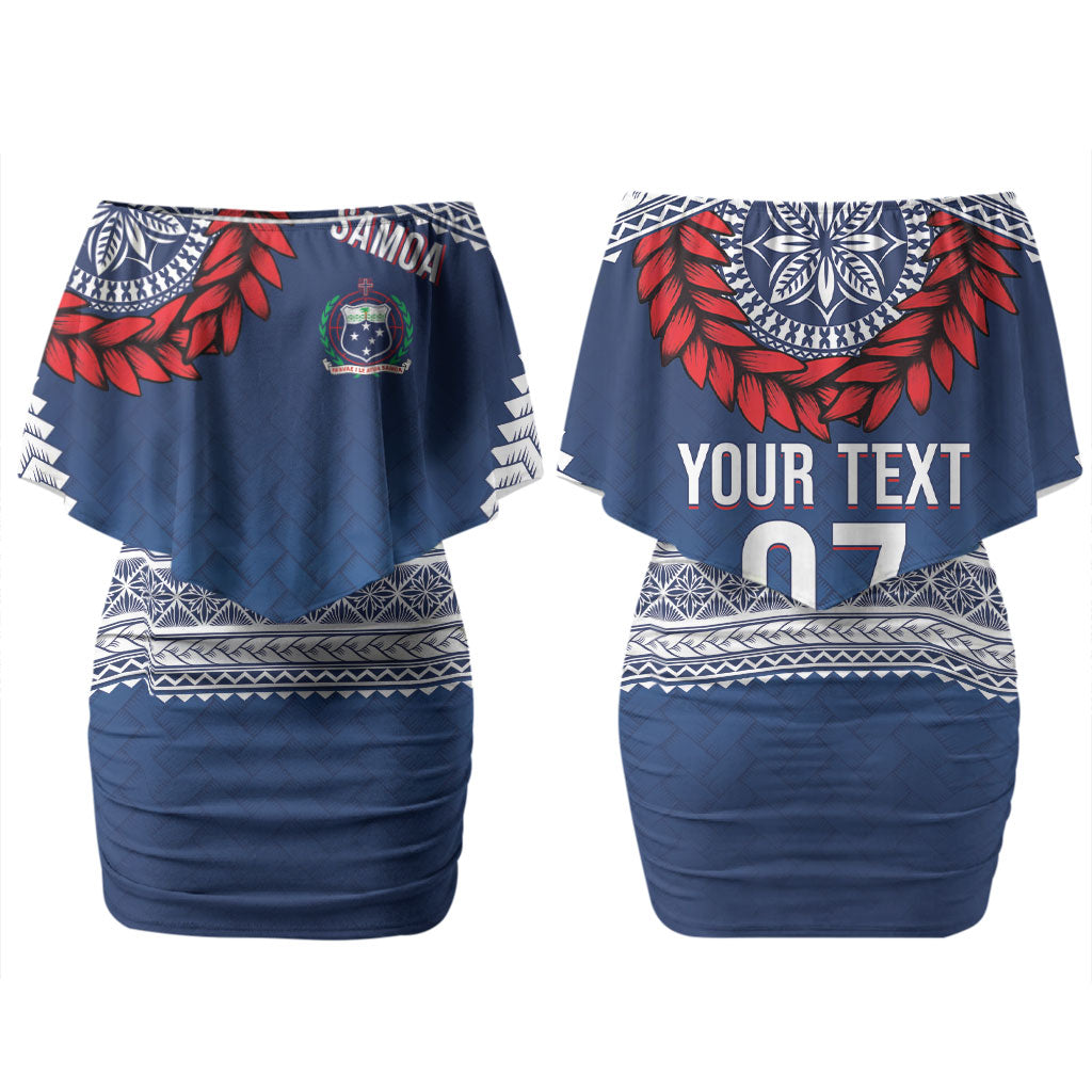 Manu Samoa Rugby Custom Navy Blue Couples Matching Off Shoulder Short Dress and Long Sleeve Button Shirt ʻIe Toga Pattern With Red Ula fala LT7 - Polynesian Pride