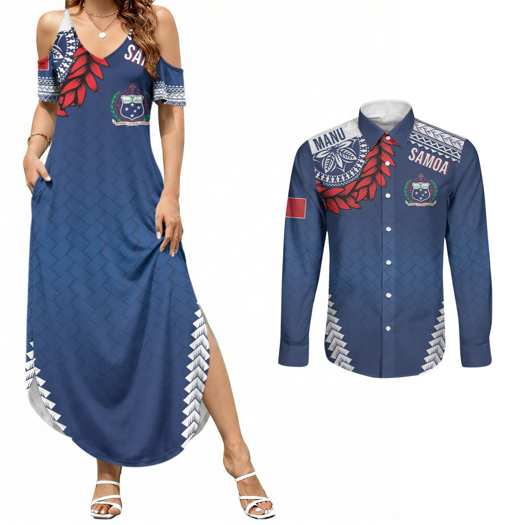Manu Samoa Rugby Custom Navy Blue Couples Matching Summer Maxi Dress and Long Sleeve Button Shirt ʻIe Toga Pattern With Red Ula fala LT7 Navy Blue - Polynesian Pride