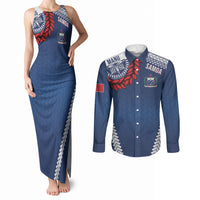 Manu Samoa Rugby Custom Navy Blue Couples Matching Tank Maxi Dress and Long Sleeve Button Shirt ʻIe Toga Pattern With Red Ula fala LT7 Navy Blue - Polynesian Pride
