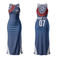 Manu Samoa Rugby Custom Navy Blue Couples Matching Tank Maxi Dress and Long Sleeve Button Shirt ʻIe Toga Pattern With Red Ula fala LT7 - Polynesian Pride