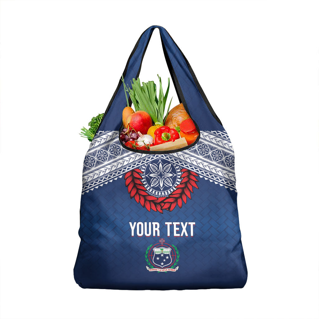Manu Samoa Rugby Custom Navy Blue Grocery Bag ʻIe Toga Pattern With Red Ula fala