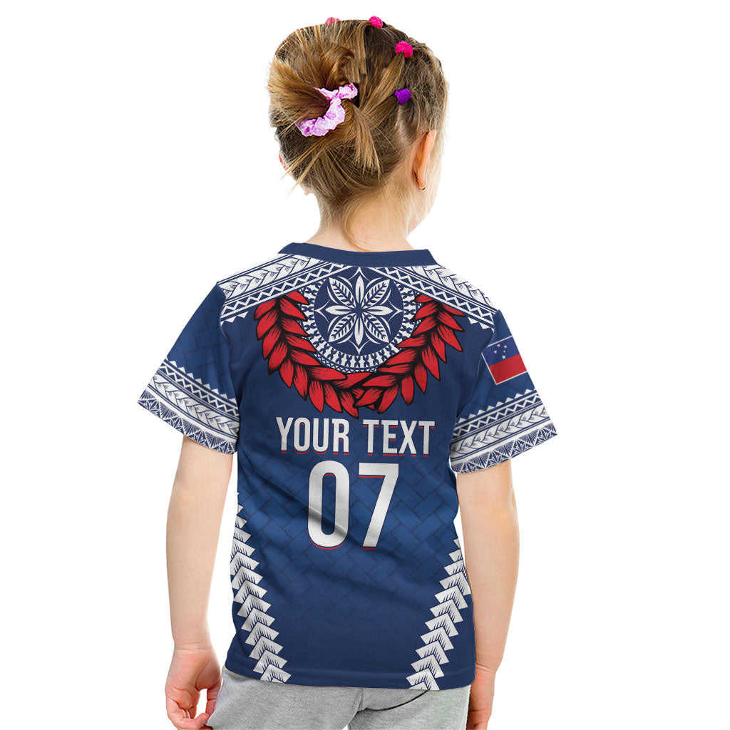 Manu Samoa Rugby Custom Navy Blue Kid T Shirt ʻIe Toga Pattern With Red Ula fala LT7 - Polynesian Pride