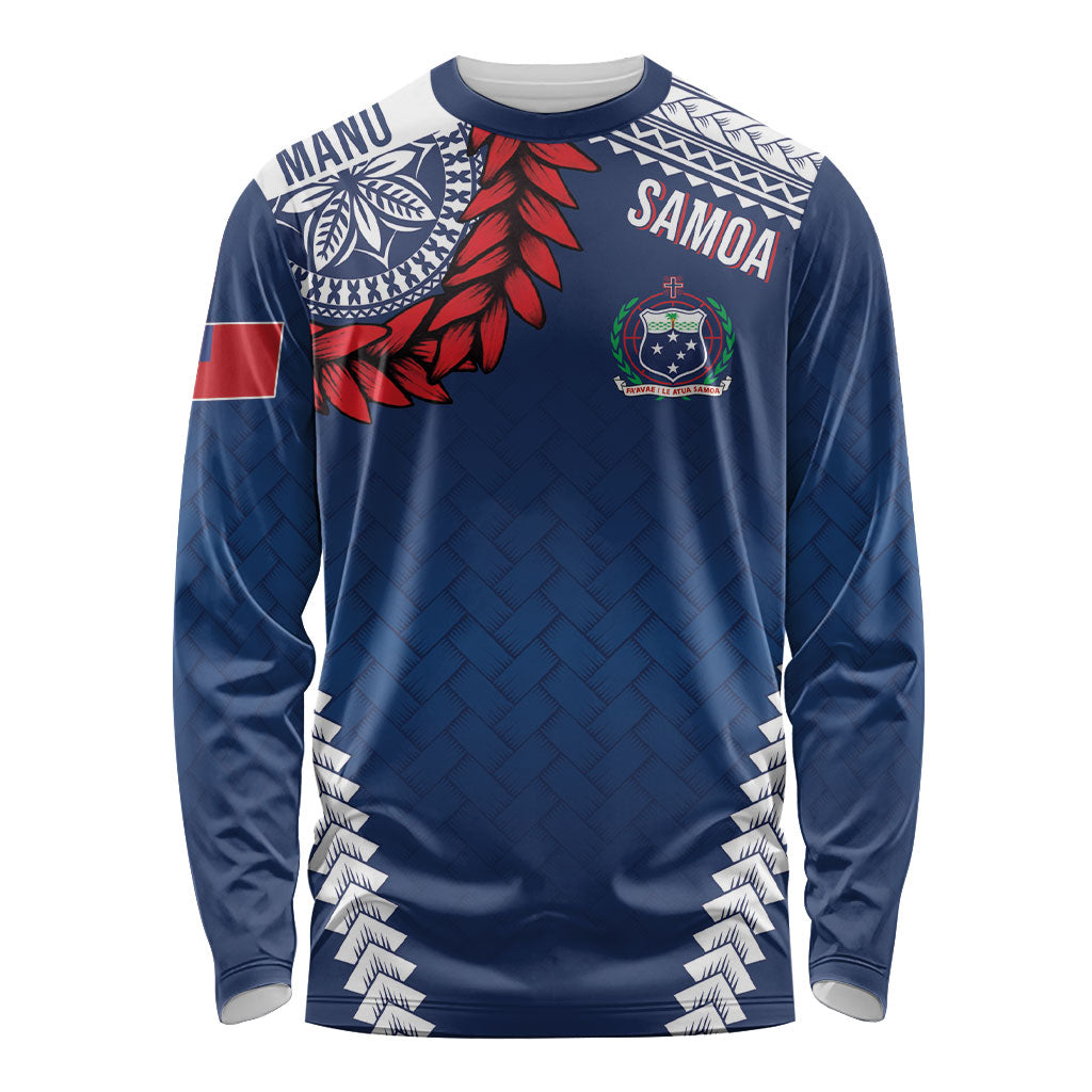 Manu Samoa Rugby Custom Navy Blue Long Sleeve Shirt ʻIe Toga Pattern With Red Ula fala LT7 Unisex Navy Blue - Polynesian Pride
