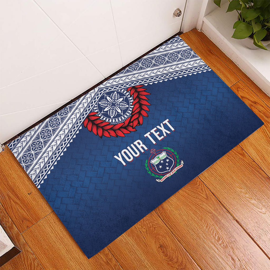 Manu Samoa Rugby Custom Navy Blue Rubber Doormat ʻIe Toga Pattern With Red Ula fala LT7 - Polynesian Pride