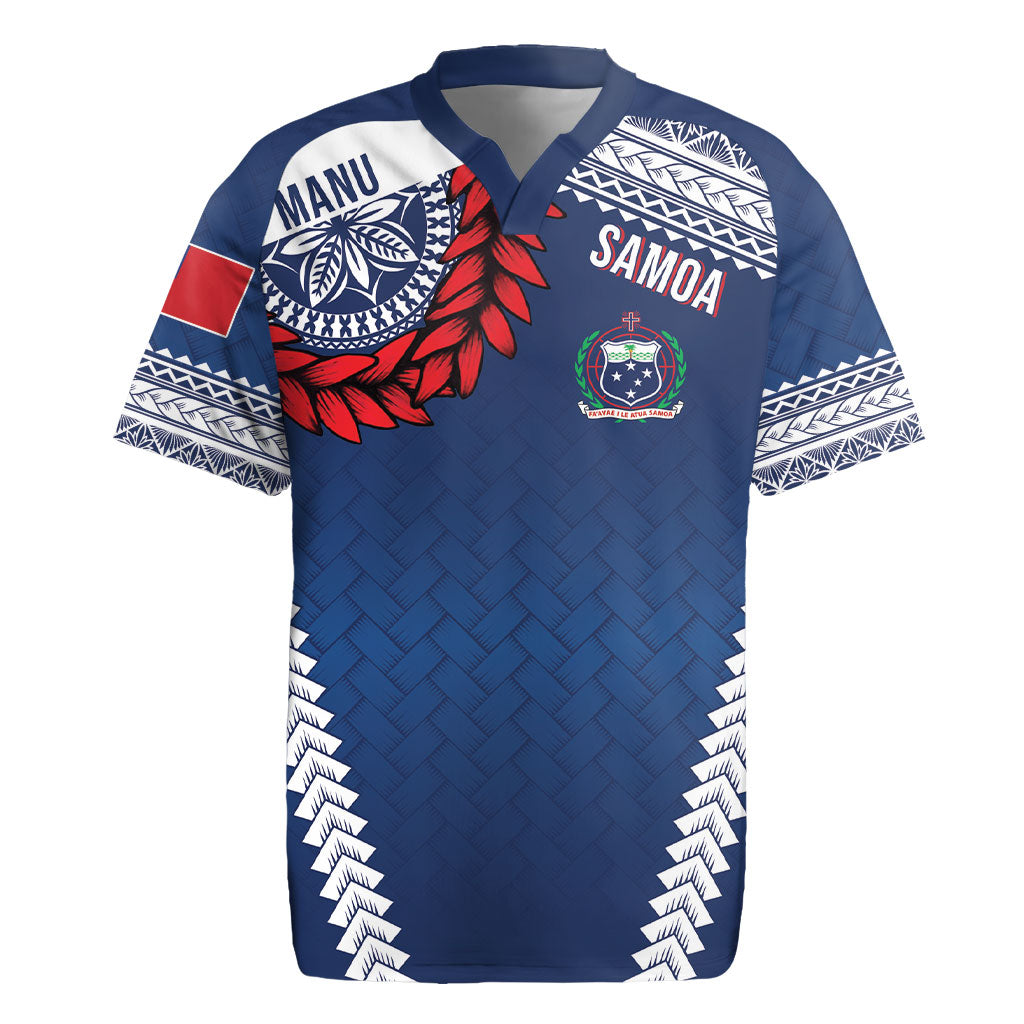 Manu Samoa Rugby Custom Navy Blue Rugby Jersey ʻIe Toga Pattern With Red Ula fala