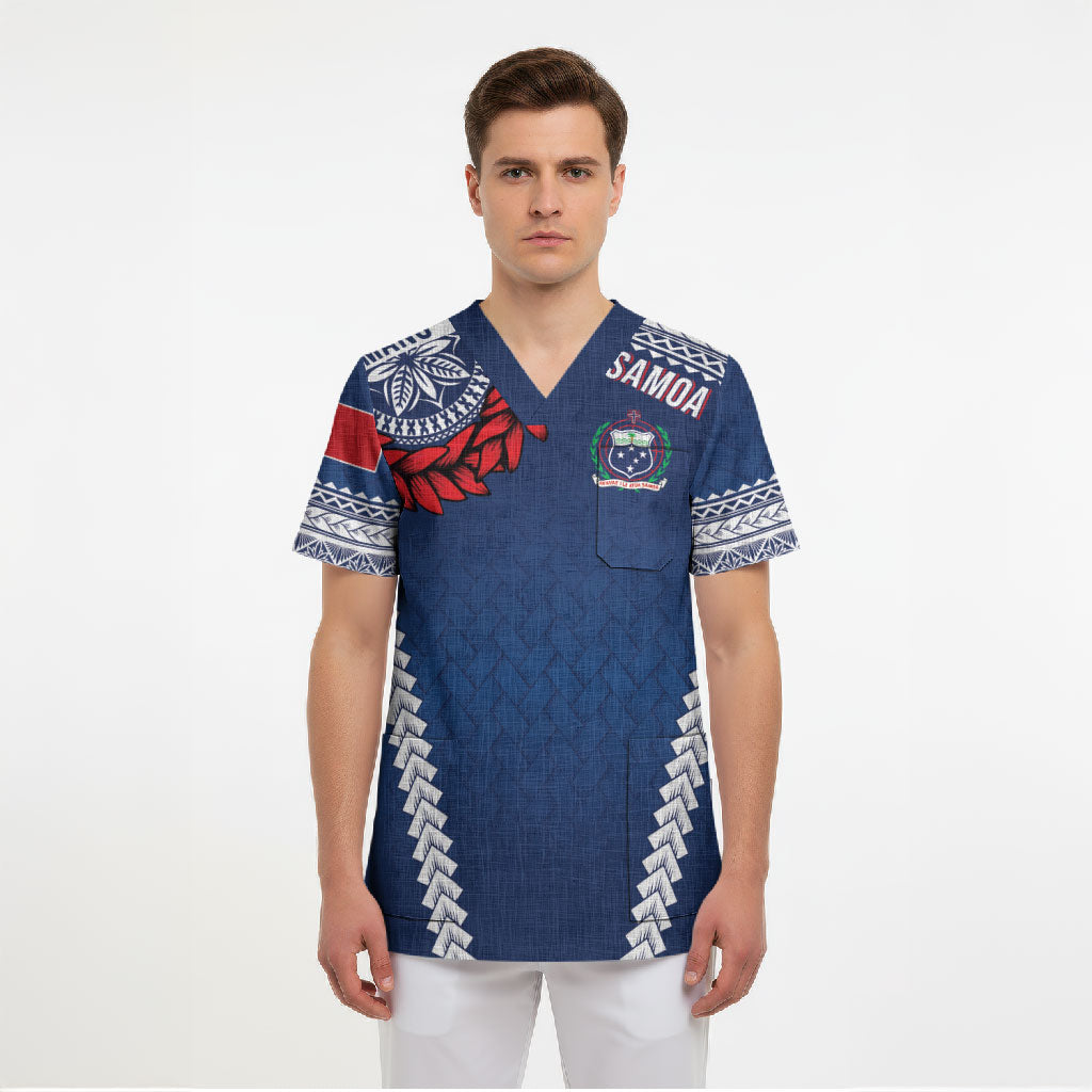 Manu Samoa Rugby Custom Navy Blue Scrub Top ʻIe Toga Pattern With Red Ula fala LT7 - Polynesian Pride