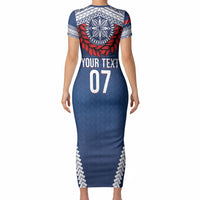 Manu Samoa Rugby Custom Navy Blue Short Sleeve Bodycon Dress ʻIe Toga Pattern With Red Ula fala LT7 - Polynesian Pride