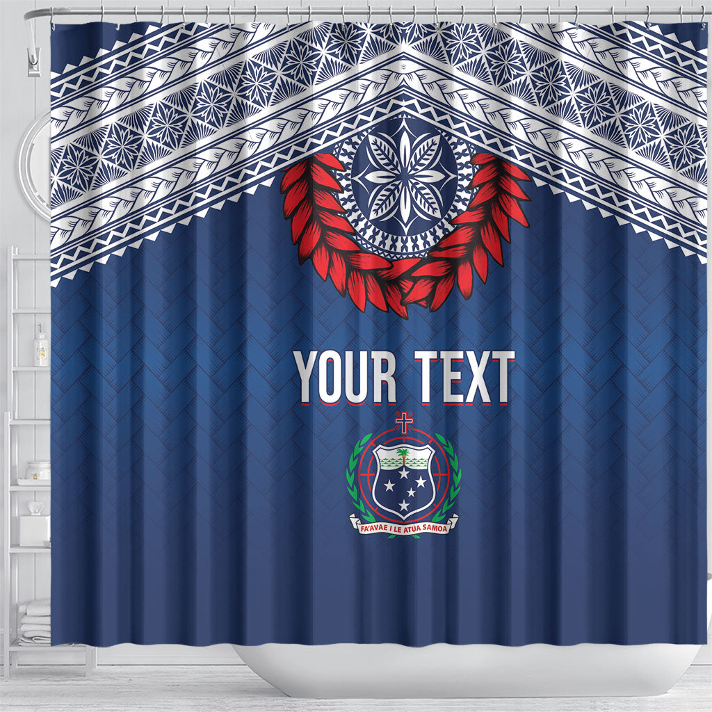 Manu Samoa Rugby Custom Navy Blue Shower Curtain ʻIe Toga Pattern With Red Ula fala LT7 - Polynesian Pride
