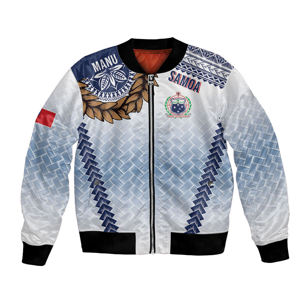 Manu Samoa Rugby Custom White Bomber Jacket ʻIe Toga Pattern With Brown Ula fala LT7 Unisex White - Polynesian Pride