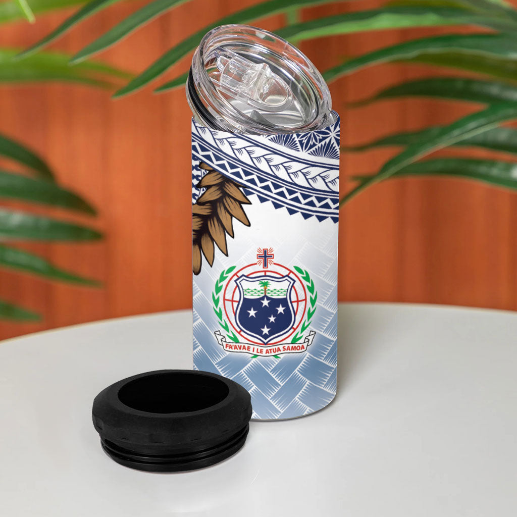 Manu Samoa Rugby Custom White 4 in 1 Can Cooler Tumbler ʻIe Toga Pattern With Brown Ula fala LT7 - Polynesian Pride