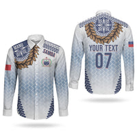 Manu Samoa Rugby Custom White Couples Matching Off Shoulder Maxi Dress and Long Sleeve Button Shirt ʻIe Toga Pattern With Brown Ula fala LT7 - Polynesian Pride