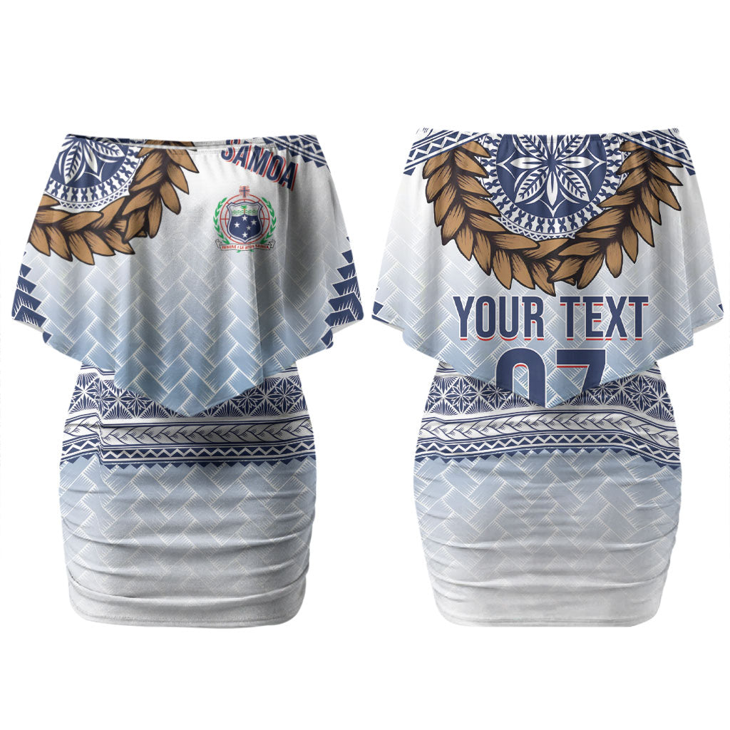 Manu Samoa Rugby Custom White Couples Matching Off Shoulder Short Dress and Long Sleeve Button Shirt ʻIe Toga Pattern With Brown Ula fala LT7 - Polynesian Pride