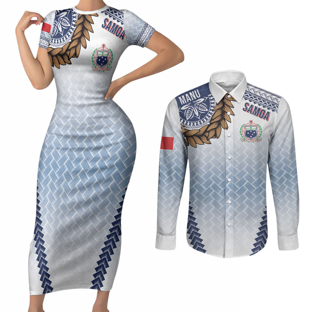 Manu Samoa Rugby Custom White Couples Matching Short Sleeve Bodycon Dress and Long Sleeve Button Shirt ʻIe Toga Pattern With Brown Ula fala LT7 White - Polynesian Pride
