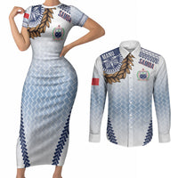 Manu Samoa Rugby Custom White Couples Matching Short Sleeve Bodycon Dress and Long Sleeve Button Shirt ʻIe Toga Pattern With Brown Ula fala LT7 White - Polynesian Pride