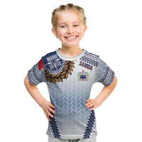 Manu Samoa Rugby Custom White Kid T Shirt ʻIe Toga Pattern With Brown Ula fala LT7 White - Polynesian Pride