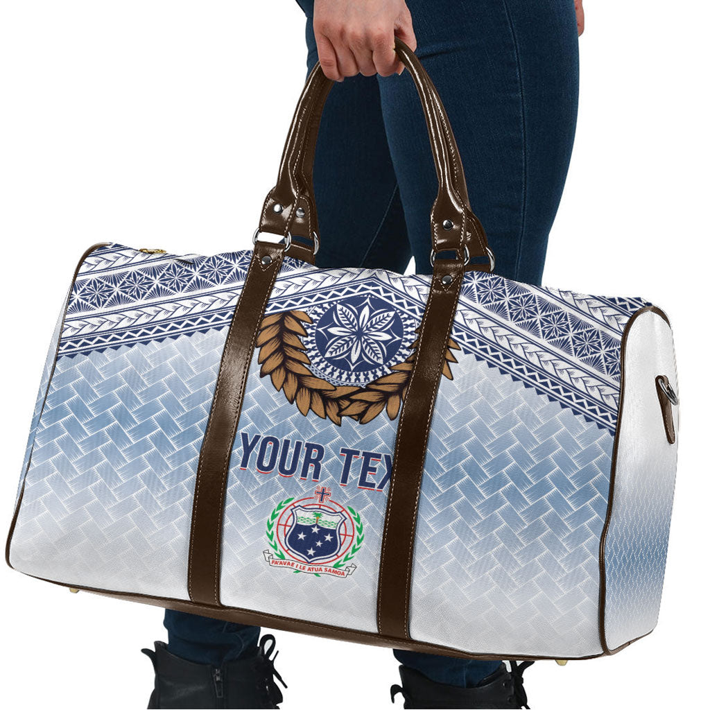 Manu Samoa Rugby Custom White Travel Bag ʻIe Toga Pattern With Brown Ula fala LT7 - Polynesian Pride