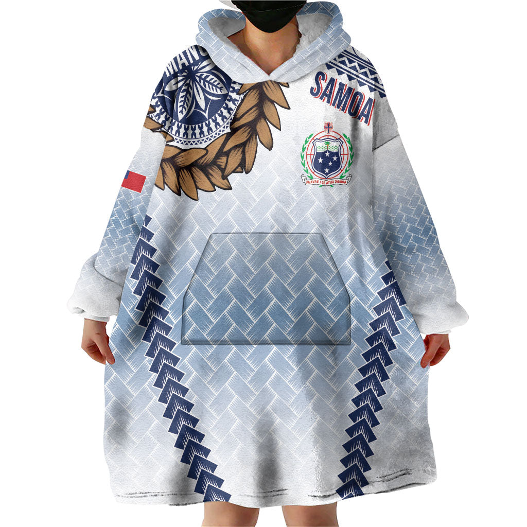 Manu Samoa Rugby Custom White Wearable Blanket Hoodie ʻIe Toga Pattern With Brown Ula fala LT7 - Polynesian Pride