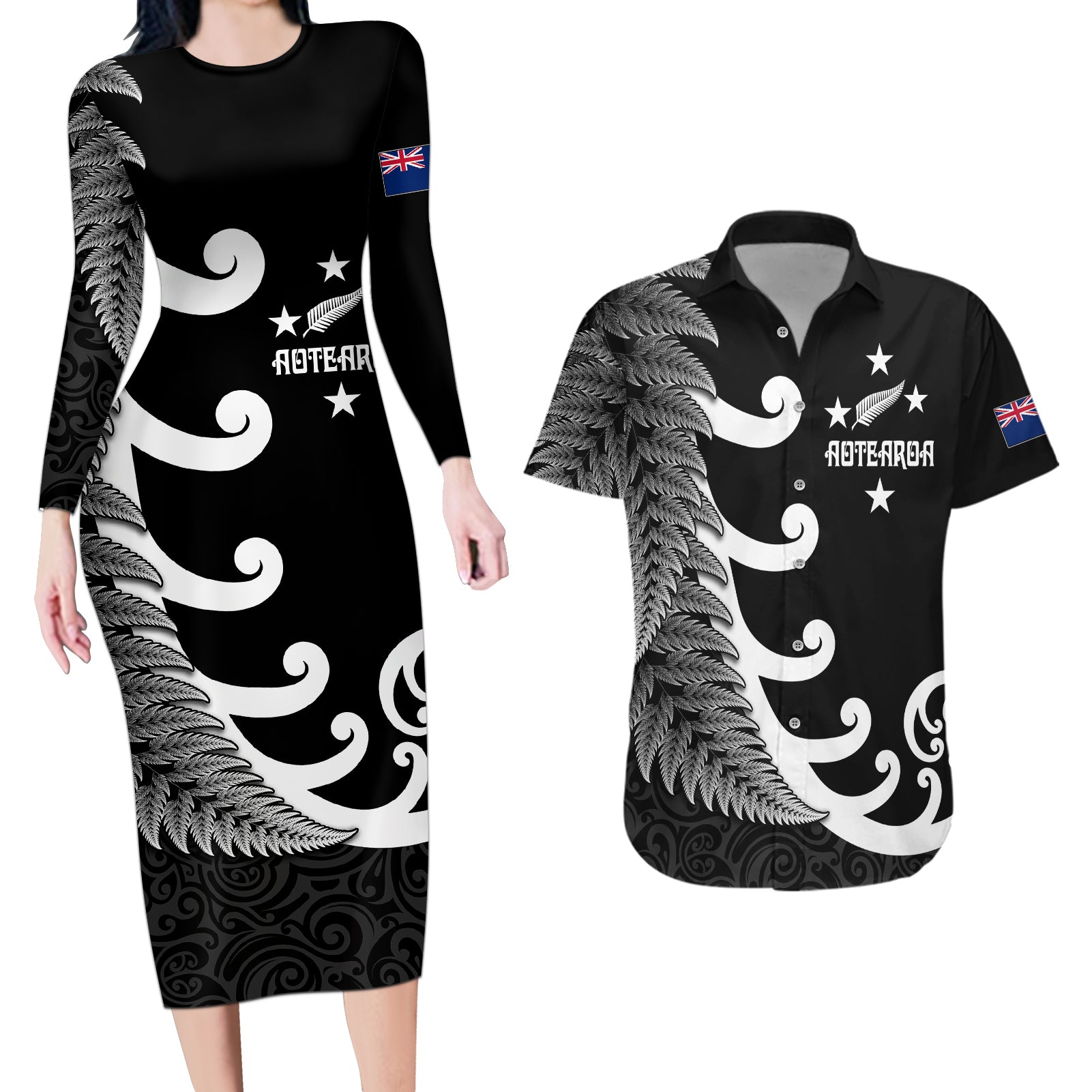 Personalised New Zealand Rugby Couples Matching Long Sleeve Bodycon Dress and Hawaiian Shirt Aotearoa Silver Fern Koru Maori Style LT7 Black - Polynesian Pride