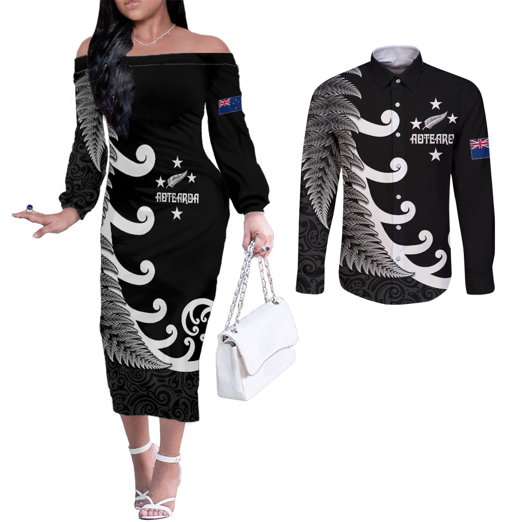 Personalised New Zealand Rugby Couples Matching Off The Shoulder Long Sleeve Dress and Long Sleeve Button Shirts Aotearoa Silver Fern Koru Maori Style LT7 Black - Polynesian Pride