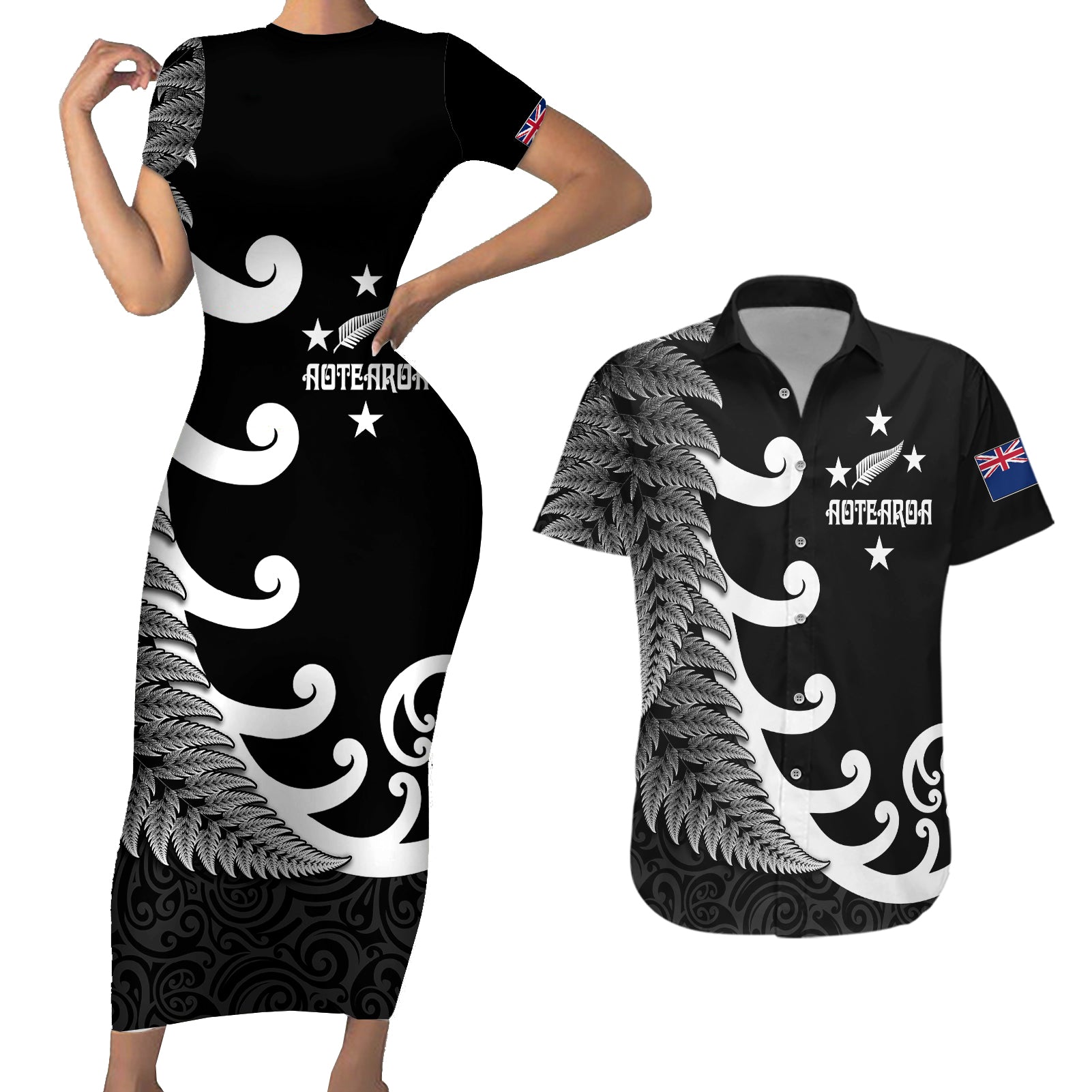 Personalised New Zealand Rugby Couples Matching Short Sleeve Bodycon Dress and Hawaiian Shirt Aotearoa Silver Fern Koru Maori Style LT7 Black - Polynesian Pride