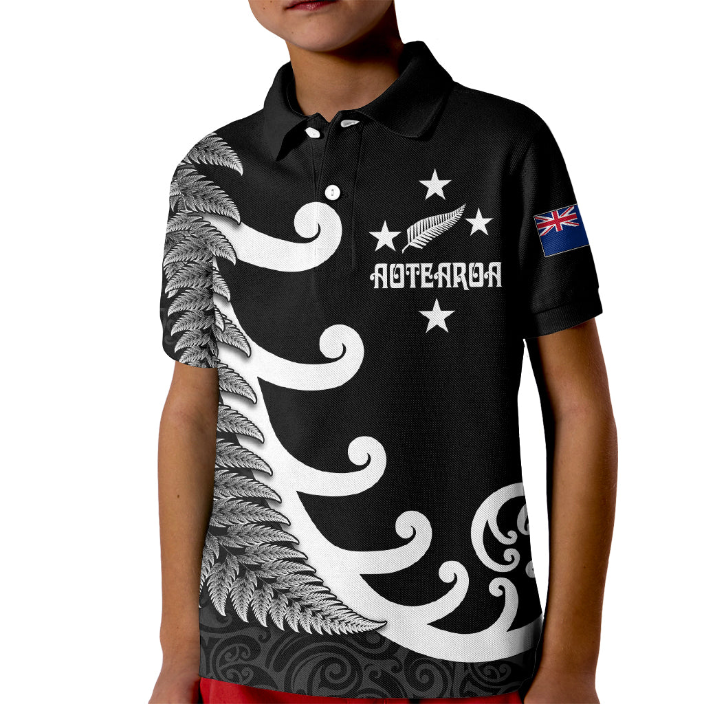 Personalised New Zealand Rugby Kid Polo Shirt Aotearoa Silver Fern Koru Maori Style LT7 Kid Black - Polynesian Pride