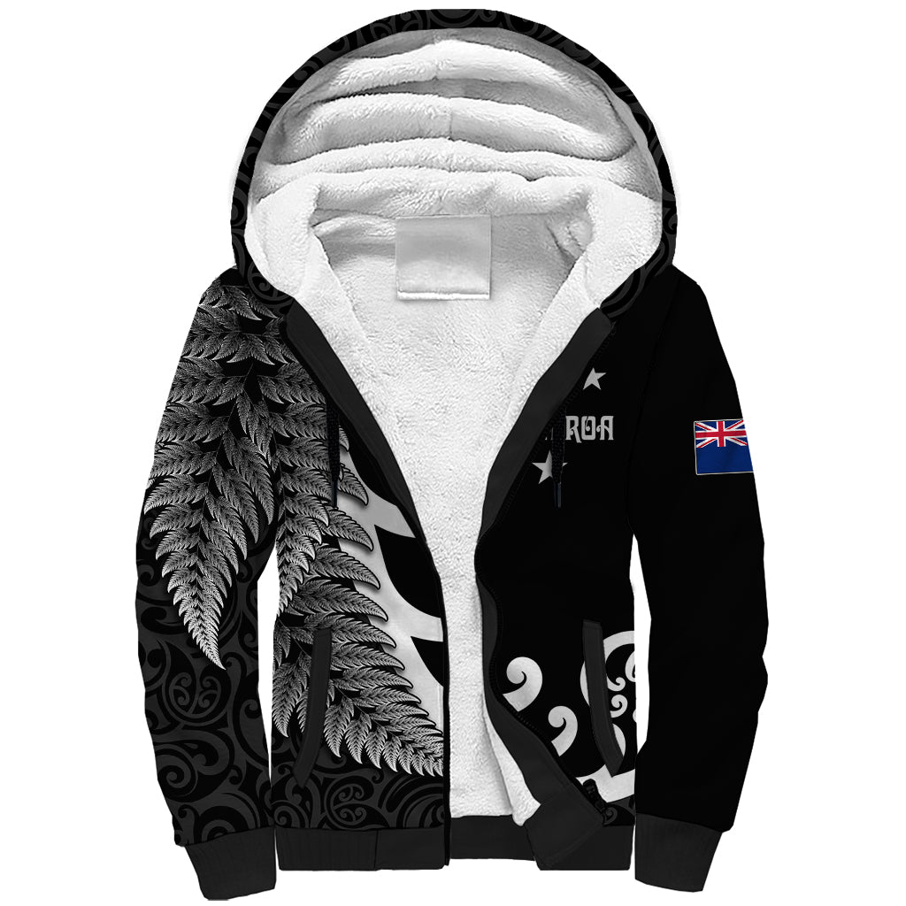 Personalised New Zealand Rugby Sherpa Hoodie Aotearoa Silver Fern Koru Maori Style LT7 Unisex Black - Polynesian Pride