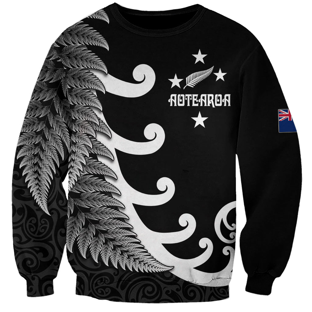 Personalised New Zealand Rugby Sweatshirt Aotearoa Silver Fern Koru Maori Style LT7 Unisex Black - Polynesian Pride