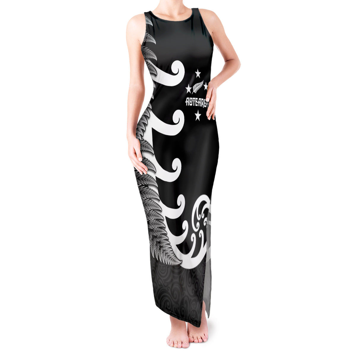 Personalised New Zealand Rugby Tank Maxi Dress Aotearoa Silver Fern Koru Maori Style LT7 Women Black - Polynesian Pride