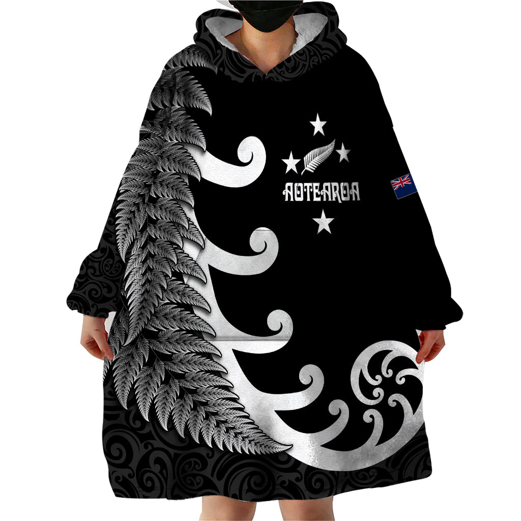 Personalised New Zealand Rugby Wearable Blanket Hoodie Aotearoa Silver Fern Koru Maori Style LT7 - Polynesian Pride