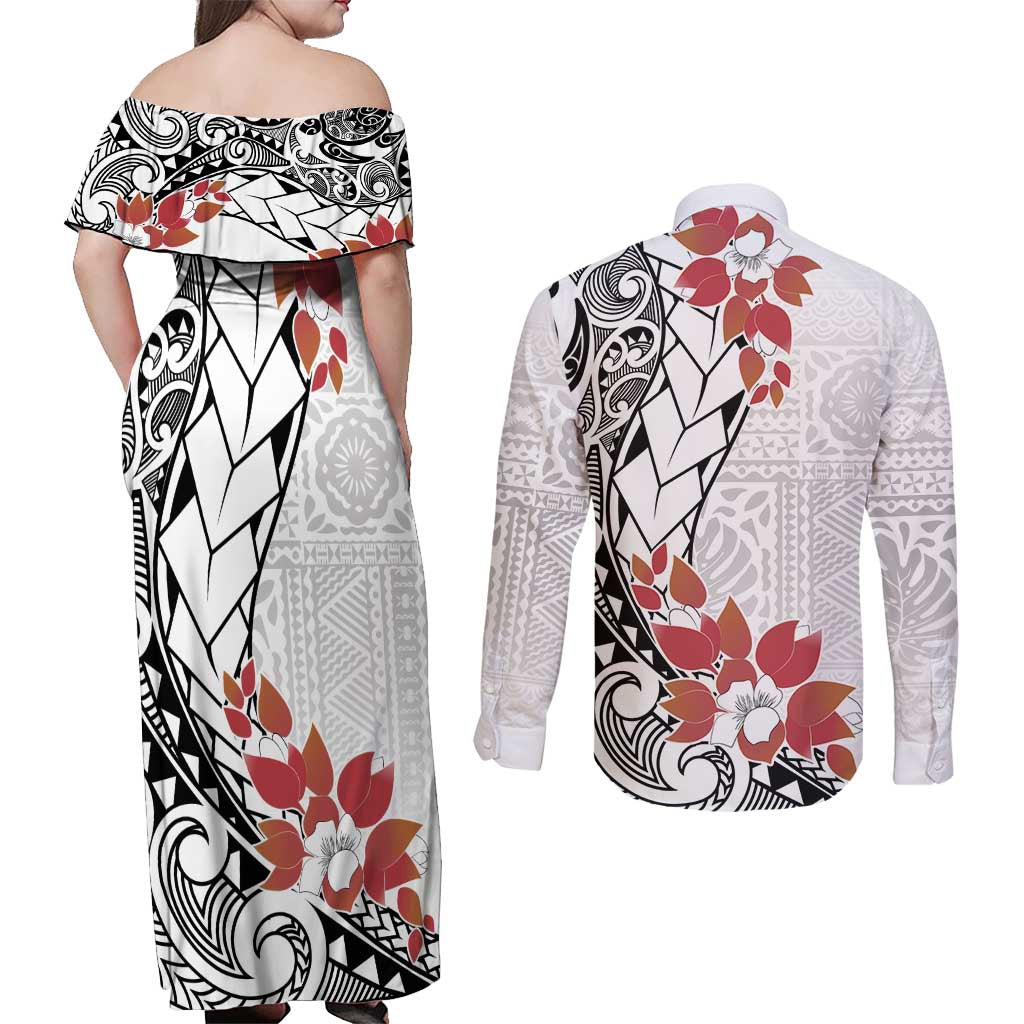 Bula Fiji Day Couples Matching Off Shoulder Maxi Dress and Long Sleeve Button Shirt Tagimaucia on Masi Pattern