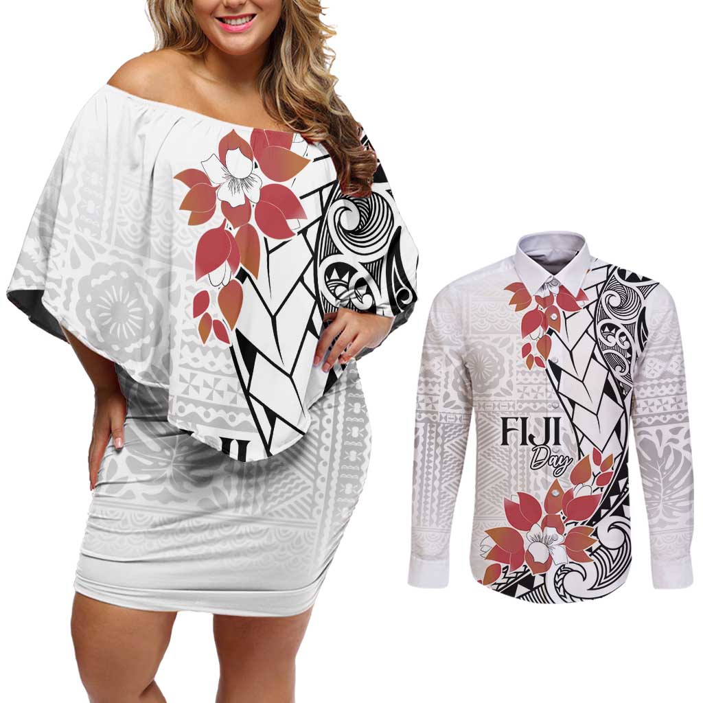 Bula Fiji Day Couples Matching Off Shoulder Short Dress and Long Sleeve Button Shirt Tagimaucia on Masi Pattern