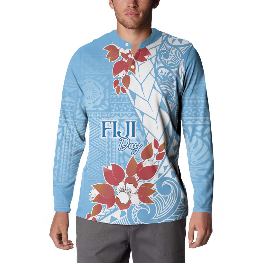 Bula Fiji Day Button Sweatshirt Tagimaucia on Masi Pattern - Turquoise