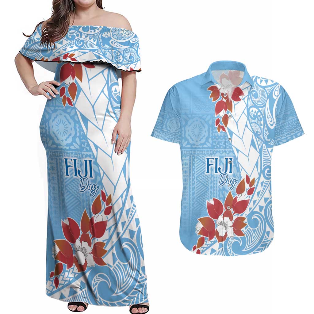 Bula Fiji Day Couples Matching Off Shoulder Maxi Dress and Hawaiian Shirt Tagimaucia on Masi Pattern - Turquoise