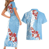 Bula Fiji Day Couples Matching Short Sleeve Bodycon Dress and Hawaiian Shirt Tagimaucia on Masi Pattern - Turquoise