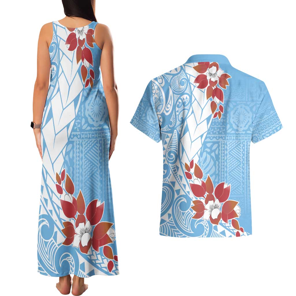 Bula Fiji Day Couples Matching Tank Maxi Dress and Hawaiian Shirt Tagimaucia on Masi Pattern - Turquoise